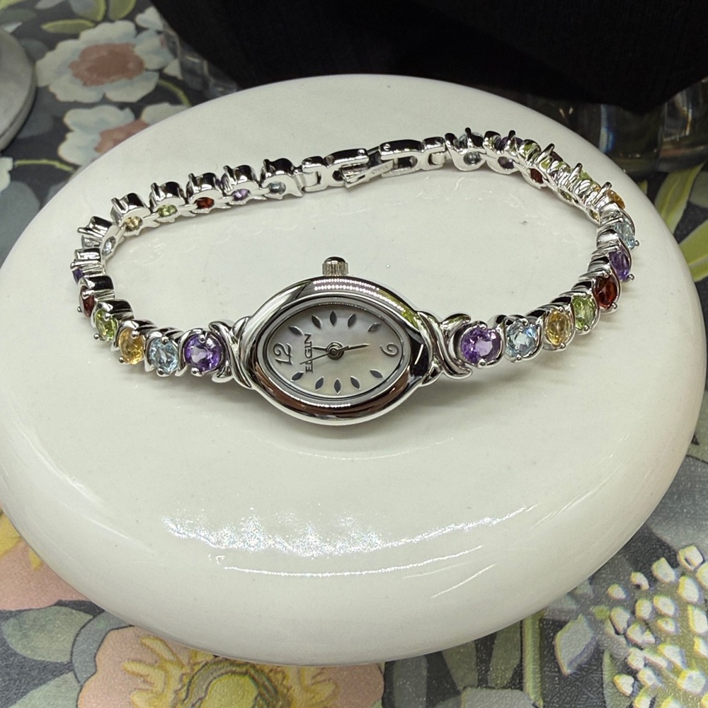Elgin Mixed Gemstone Tennis Bracelet natural gemstones "S" link watch - Picture 3 of 8